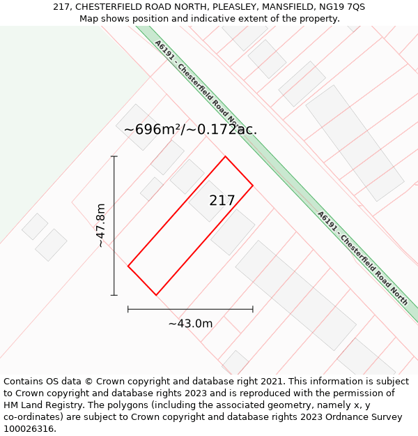 217, CHESTERFIELD ROAD NORTH, PLEASLEY, MANSFIELD, NG19 7QS: Plot and title map