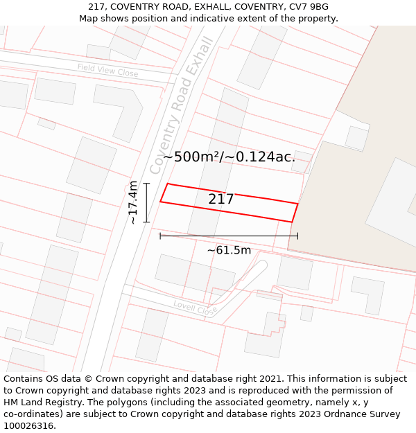 217, COVENTRY ROAD, EXHALL, COVENTRY, CV7 9BG: Plot and title map