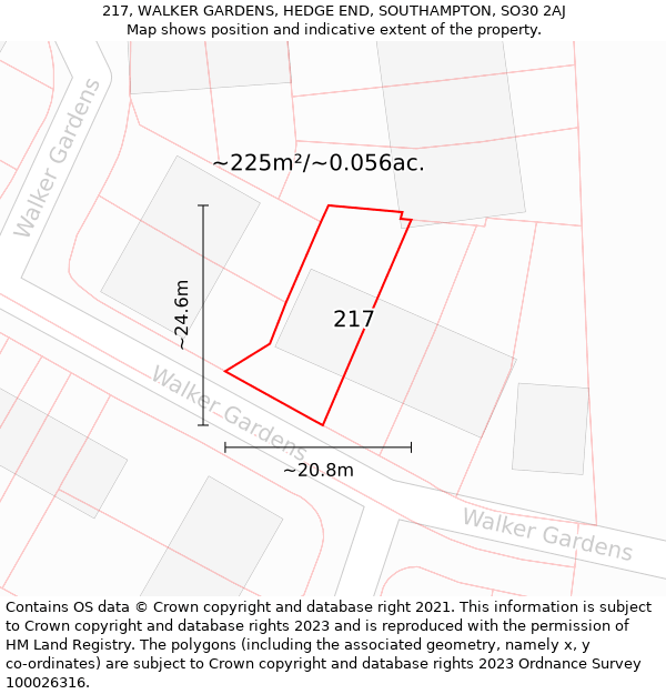 217, WALKER GARDENS, HEDGE END, SOUTHAMPTON, SO30 2AJ: Plot and title map