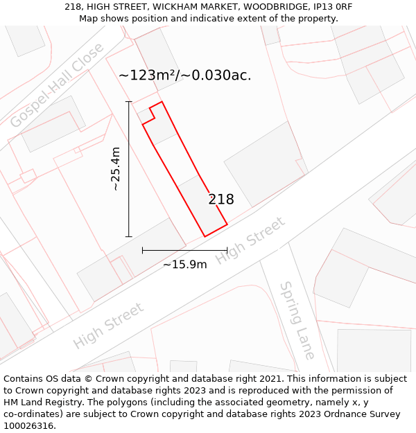 218, HIGH STREET, WICKHAM MARKET, WOODBRIDGE, IP13 0RF: Plot and title map