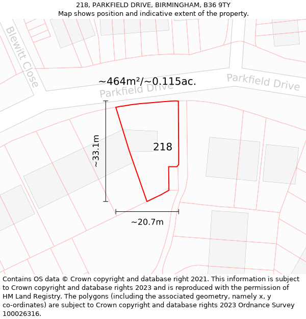 218, PARKFIELD DRIVE, BIRMINGHAM, B36 9TY: Plot and title map