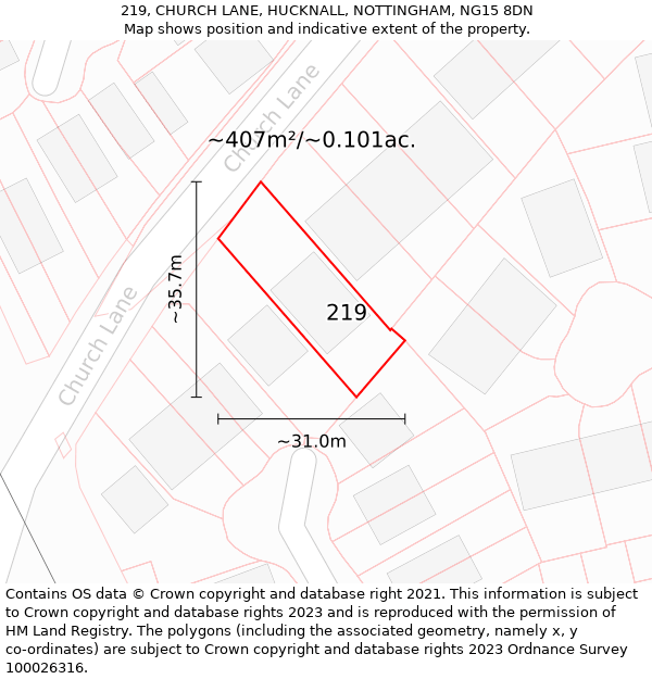 219, CHURCH LANE, HUCKNALL, NOTTINGHAM, NG15 8DN: Plot and title map