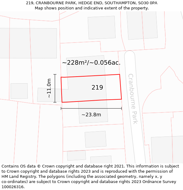 219, CRANBOURNE PARK, HEDGE END, SOUTHAMPTON, SO30 0PA: Plot and title map