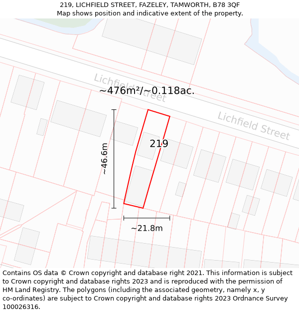 219, LICHFIELD STREET, FAZELEY, TAMWORTH, B78 3QF: Plot and title map