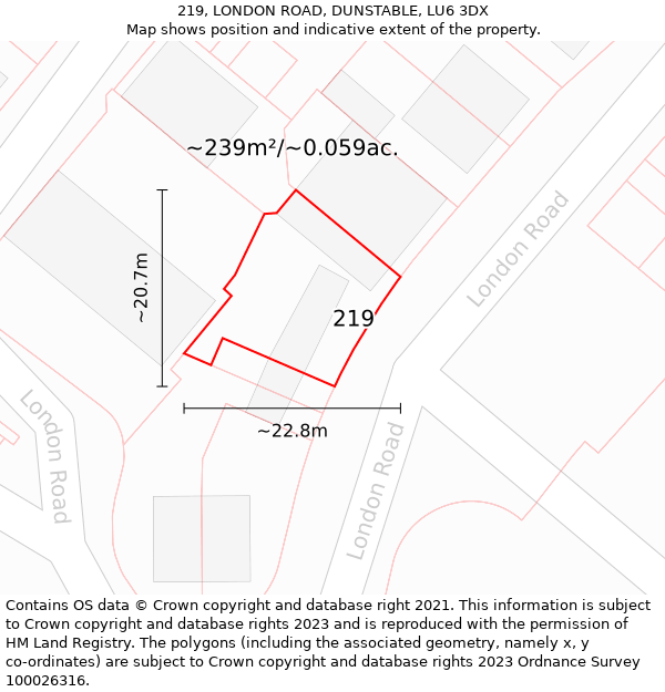 219, LONDON ROAD, DUNSTABLE, LU6 3DX: Plot and title map