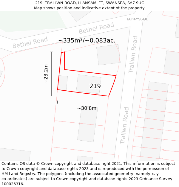 219, TRALLWN ROAD, LLANSAMLET, SWANSEA, SA7 9UG: Plot and title map