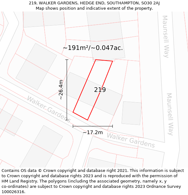 219, WALKER GARDENS, HEDGE END, SOUTHAMPTON, SO30 2AJ: Plot and title map