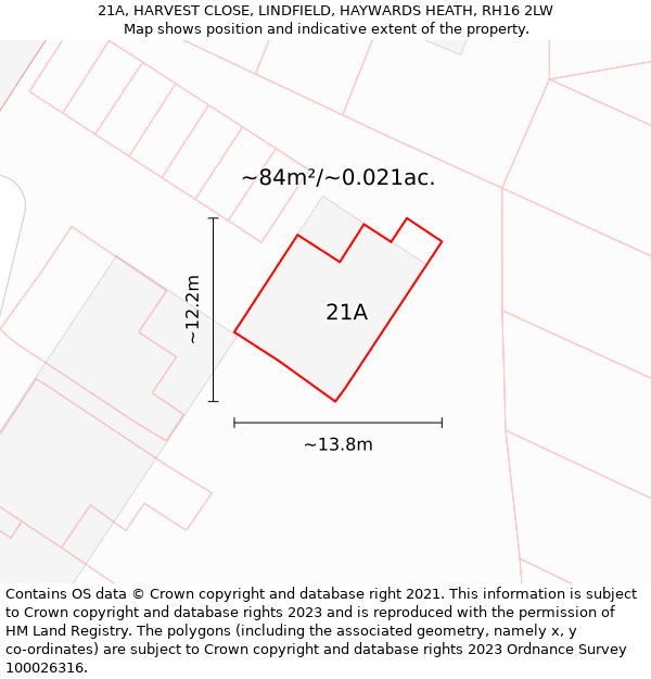 21A, HARVEST CLOSE, LINDFIELD, HAYWARDS HEATH, RH16 2LW: Plot and title map