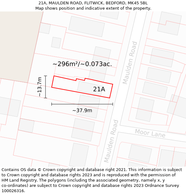 21A, MAULDEN ROAD, FLITWICK, BEDFORD, MK45 5BL: Plot and title map