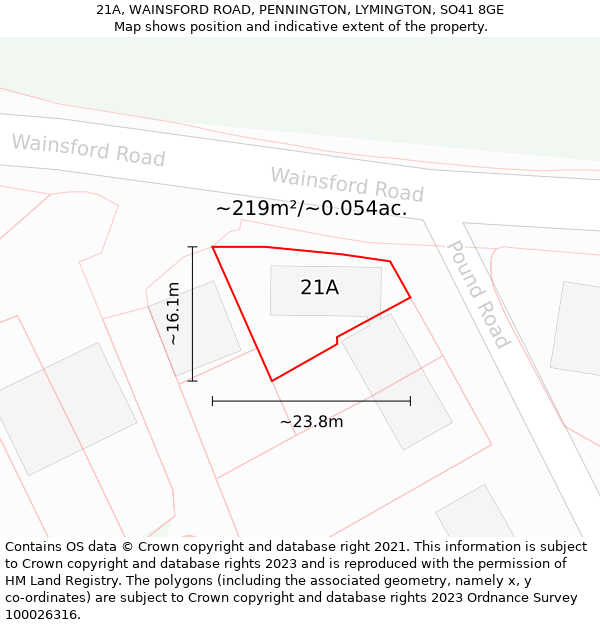 21A, WAINSFORD ROAD, PENNINGTON, LYMINGTON, SO41 8GE: Plot and title map