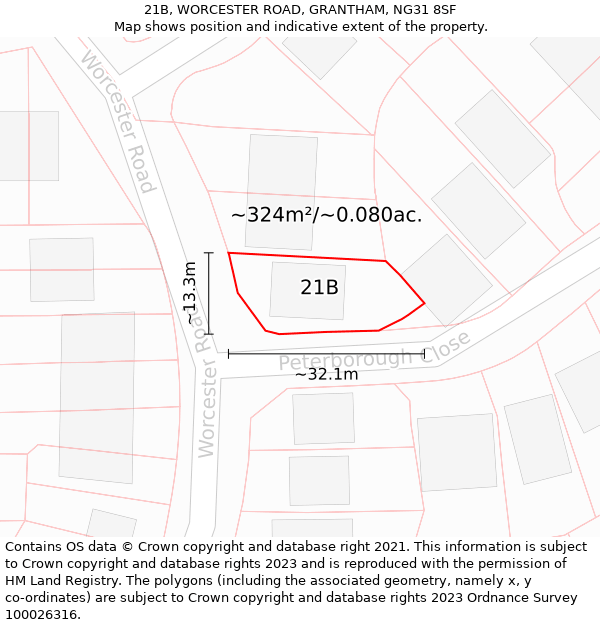 21B, WORCESTER ROAD, GRANTHAM, NG31 8SF: Plot and title map