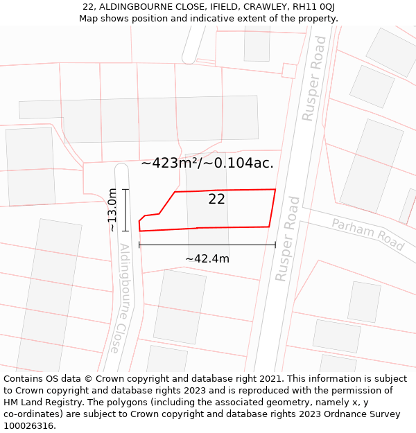 22, ALDINGBOURNE CLOSE, IFIELD, CRAWLEY, RH11 0QJ: Plot and title map