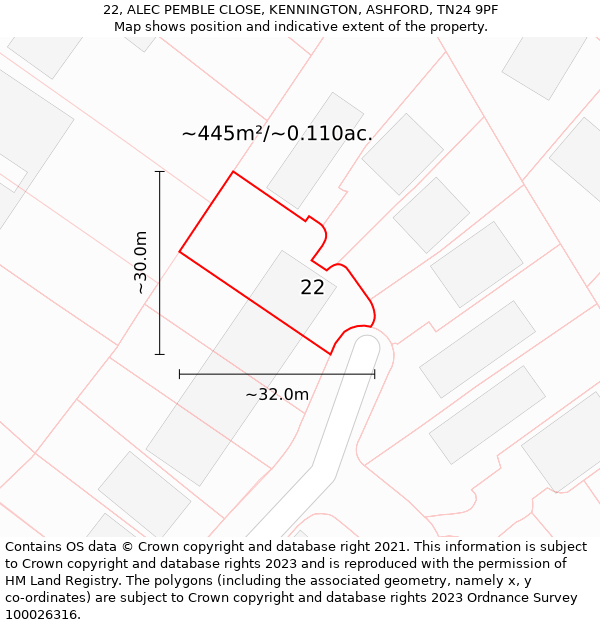 22, ALEC PEMBLE CLOSE, KENNINGTON, ASHFORD, TN24 9PF: Plot and title map