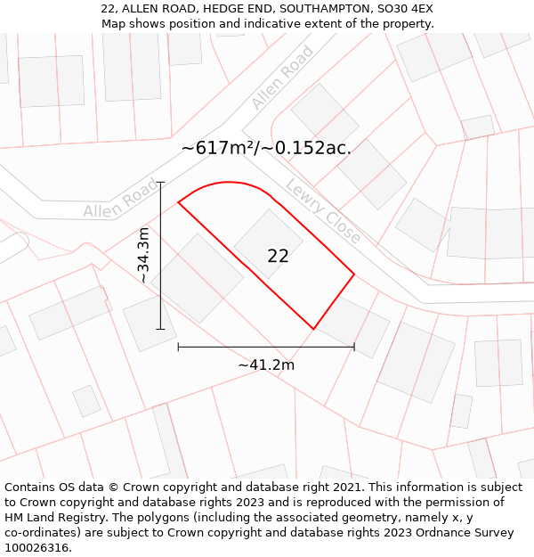 22, ALLEN ROAD, HEDGE END, SOUTHAMPTON, SO30 4EX: Plot and title map