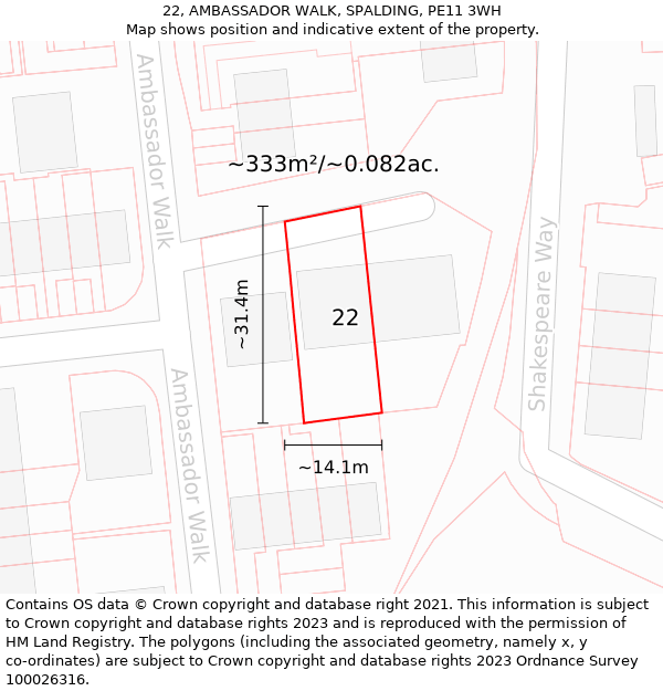 22, AMBASSADOR WALK, SPALDING, PE11 3WH: Plot and title map