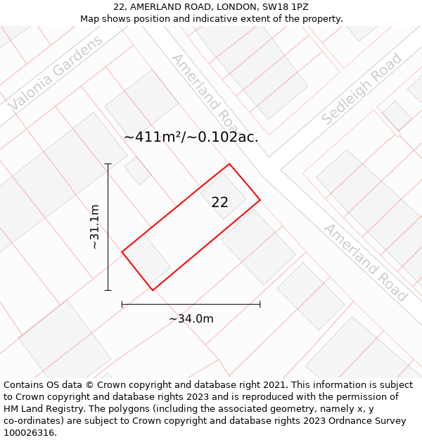 22, AMERLAND ROAD, LONDON, SW18 1PZ: Plot and title map