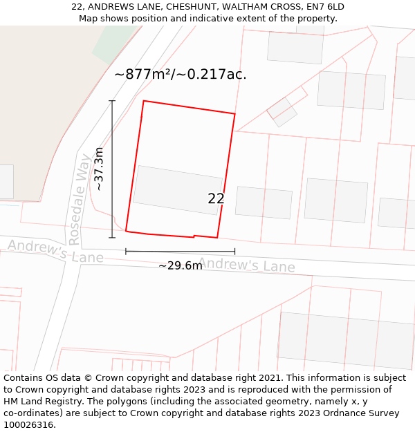 22, ANDREWS LANE, CHESHUNT, WALTHAM CROSS, EN7 6LD: Plot and title map