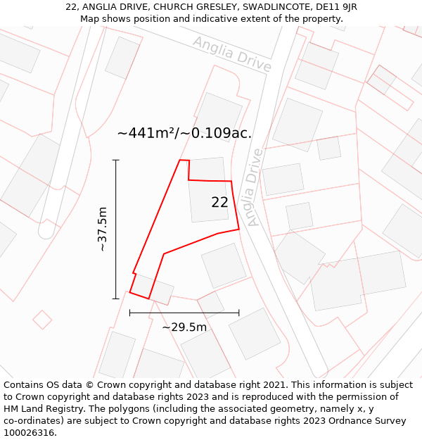 22, ANGLIA DRIVE, CHURCH GRESLEY, SWADLINCOTE, DE11 9JR: Plot and title map