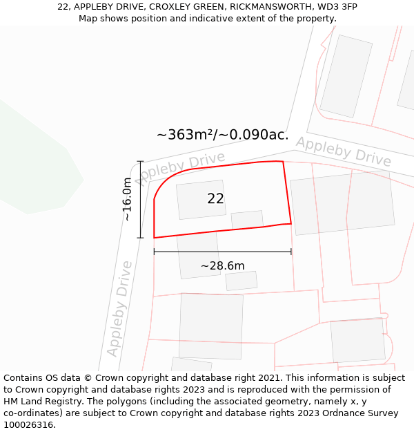 22, APPLEBY DRIVE, CROXLEY GREEN, RICKMANSWORTH, WD3 3FP: Plot and title map
