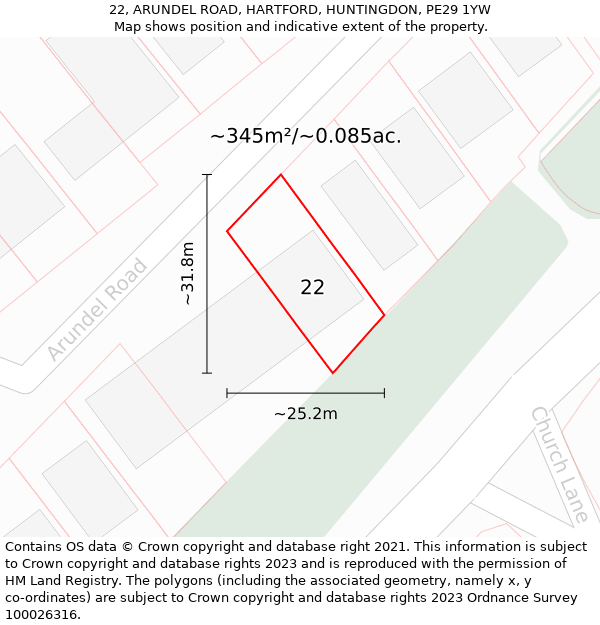 22, ARUNDEL ROAD, HARTFORD, HUNTINGDON, PE29 1YW: Plot and title map