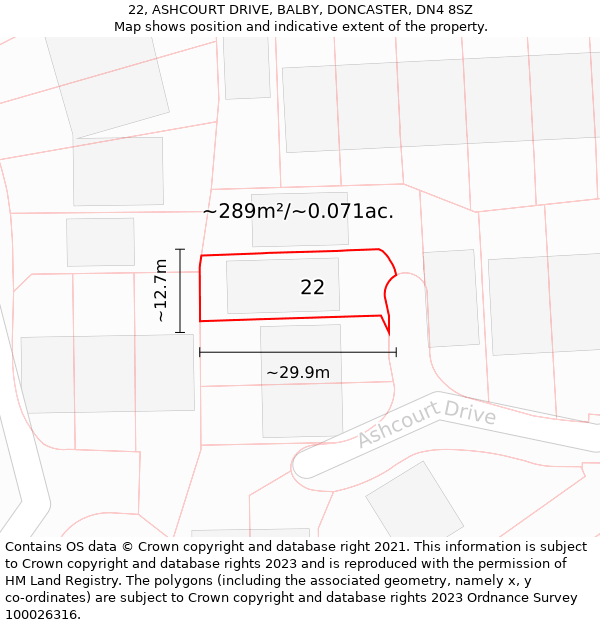 22, ASHCOURT DRIVE, BALBY, DONCASTER, DN4 8SZ: Plot and title map