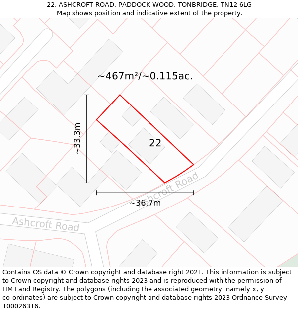 22, ASHCROFT ROAD, PADDOCK WOOD, TONBRIDGE, TN12 6LG: Plot and title map