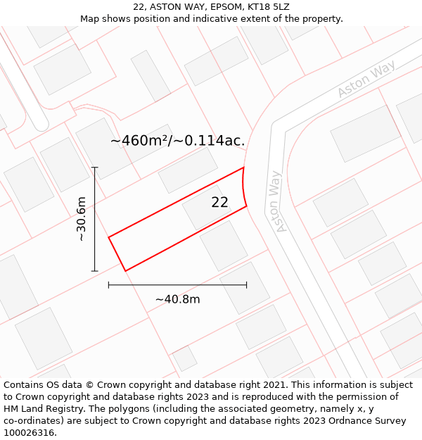 22, ASTON WAY, EPSOM, KT18 5LZ: Plot and title map