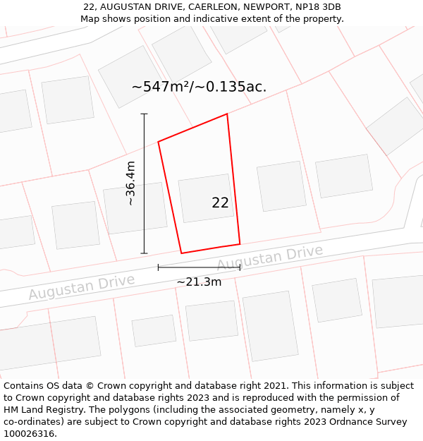 22, AUGUSTAN DRIVE, CAERLEON, NEWPORT, NP18 3DB: Plot and title map