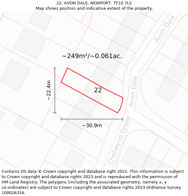 22, AVON DALE, NEWPORT, TF10 7LS: Plot and title map