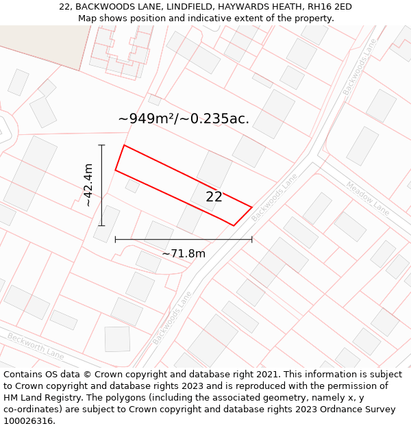 22, BACKWOODS LANE, LINDFIELD, HAYWARDS HEATH, RH16 2ED: Plot and title map