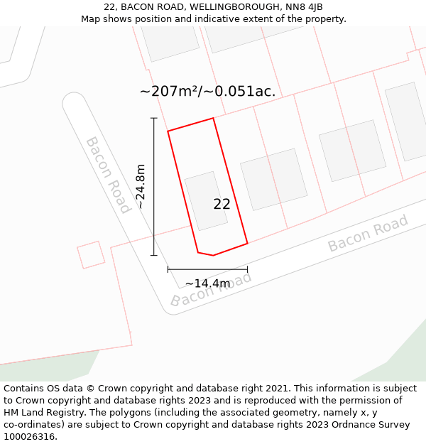 22, BACON ROAD, WELLINGBOROUGH, NN8 4JB: Plot and title map