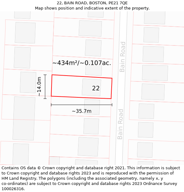 22, BAIN ROAD, BOSTON, PE21 7QE: Plot and title map