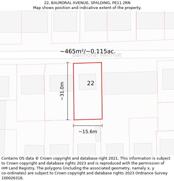 22, BALMORAL AVENUE, SPALDING, PE11 2RN: Plot and title map