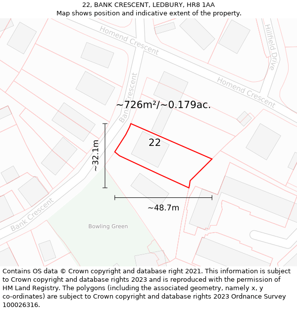 22, BANK CRESCENT, LEDBURY, HR8 1AA: Plot and title map