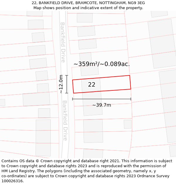 22, BANKFIELD DRIVE, BRAMCOTE, NOTTINGHAM, NG9 3EG: Plot and title map