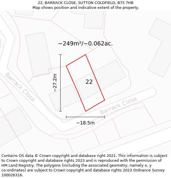 22, BARRACK CLOSE, SUTTON COLDFIELD, B75 7HB: Plot and title map