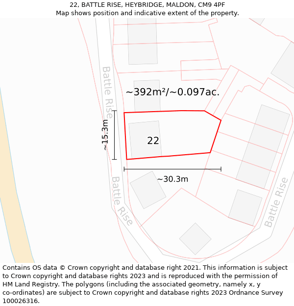 22, BATTLE RISE, HEYBRIDGE, MALDON, CM9 4PF: Plot and title map