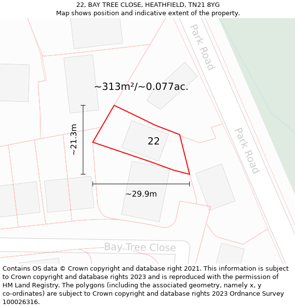 22, BAY TREE CLOSE, HEATHFIELD, TN21 8YG: Plot and title map