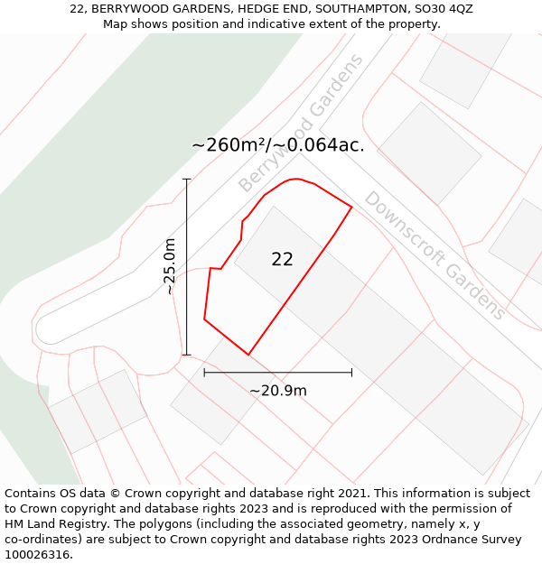 22, BERRYWOOD GARDENS, HEDGE END, SOUTHAMPTON, SO30 4QZ: Plot and title map