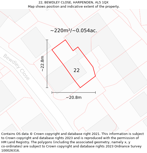 22, BEWDLEY CLOSE, HARPENDEN, AL5 1QX: Plot and title map