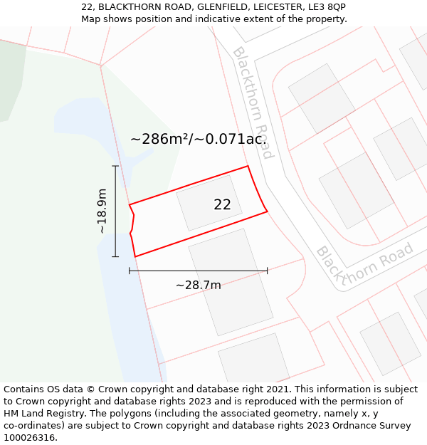 22, BLACKTHORN ROAD, GLENFIELD, LEICESTER, LE3 8QP: Plot and title map