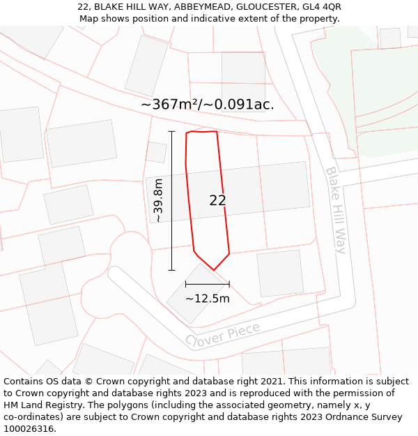 22, BLAKE HILL WAY, ABBEYMEAD, GLOUCESTER, GL4 4QR: Plot and title map