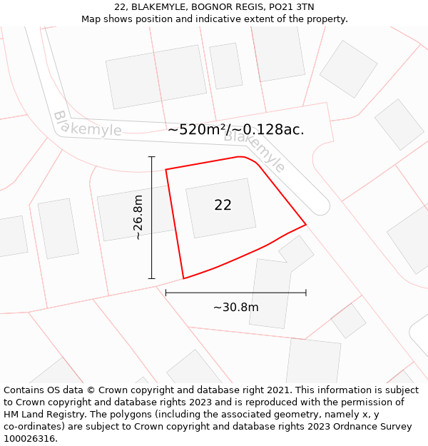 22, BLAKEMYLE, BOGNOR REGIS, PO21 3TN: Plot and title map