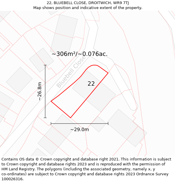 22, BLUEBELL CLOSE, DROITWICH, WR9 7TJ: Plot and title map