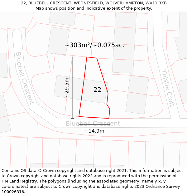 22, BLUEBELL CRESCENT, WEDNESFIELD, WOLVERHAMPTON, WV11 3XB: Plot and title map