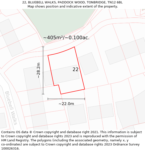 22, BLUEBELL WALKS, PADDOCK WOOD, TONBRIDGE, TN12 6BL: Plot and title map