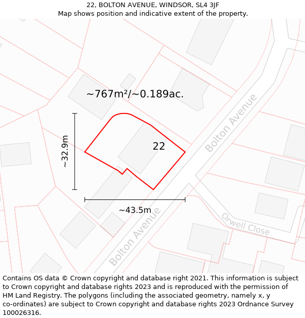 22, BOLTON AVENUE, WINDSOR, SL4 3JF: Plot and title map