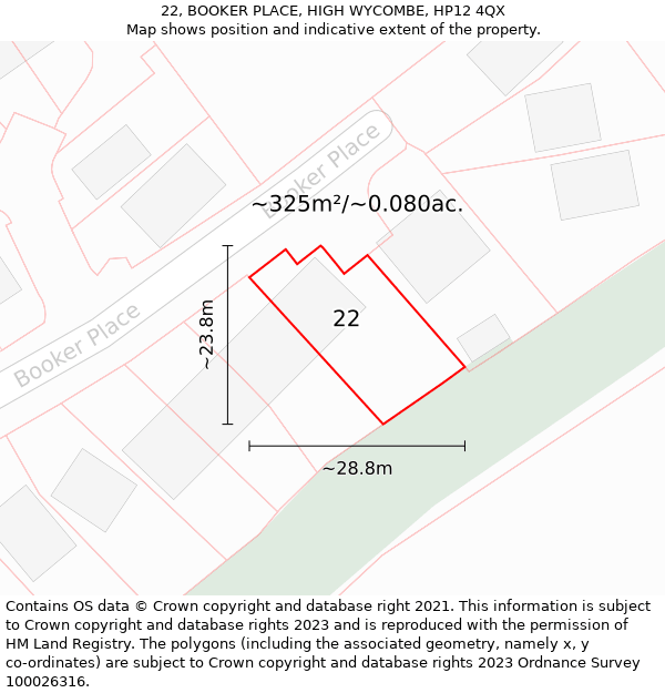 22, BOOKER PLACE, HIGH WYCOMBE, HP12 4QX: Plot and title map