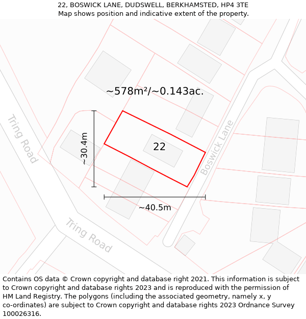 22, BOSWICK LANE, DUDSWELL, BERKHAMSTED, HP4 3TE: Plot and title map