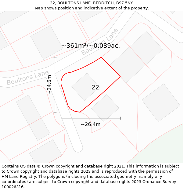 22, BOULTONS LANE, REDDITCH, B97 5NY: Plot and title map